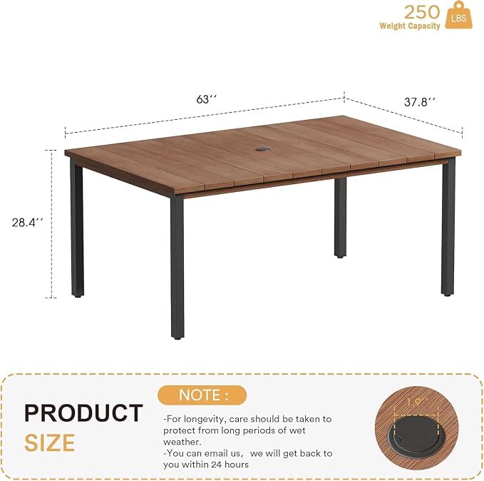 VICLLAX 63" Rectangle Outdoor Dining Table for 6, Patio Table with Umbrella Hole, All Weather Metal Patio Tables, Walnut Tabletop