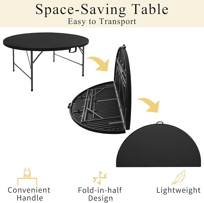 5 FT Round Folding Tables with Carrying Handle 60 inch Heavy Duty Portable Plastic Commercial Table Steel Legs for Party, Dining, Wedding, Events, Picnic Indoor, Outdoor (Black,1 Pack)