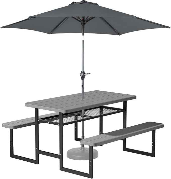 VINGLI 4.5ft Outdoor Picnic Table with Storage Shelf & 7.5 ft Umbrella, Wood Grain HDPE Top with Metal Frame Plastic Picnic Table for Dining Party Garden(Grey Table)
