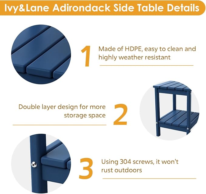 IVY&LANE Adirondack Outdoor Side Tables Set of 2 | HDPE Plastic | Patio End Table with Storage | 2-Shelf | Weather Resistant | Blue | 14 x 13 Inches | for Outside Porch Backyard Indoor