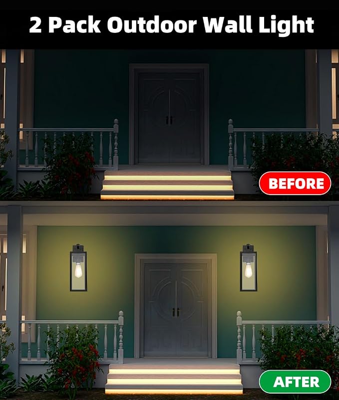 2 Pack Large Outdoor Wall Sconce, 18 Inch Black Wall Lantern Large Size Porch Light for House Outside Wall Light Fixture for Garage, Patio Light with with Glass Shade, E26 Socket