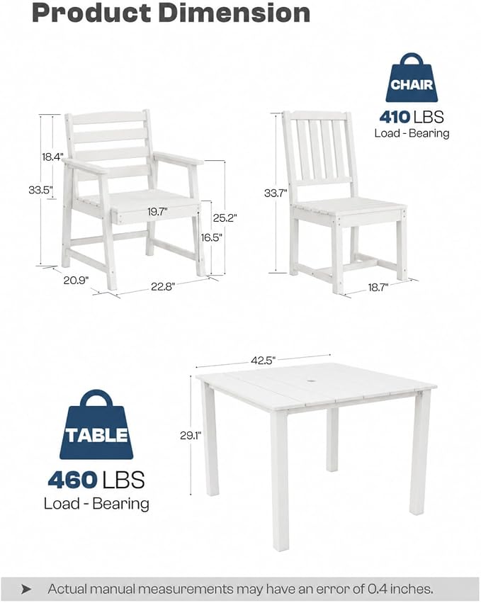 HDPE Outdoor Dining Set for 4, Armchairs, White | All-Weather HDPE, Wood Grain Finish, 42.5" Square Table, Built-In Umbrella Hole, Seats 4, Patio & Poolside Ready