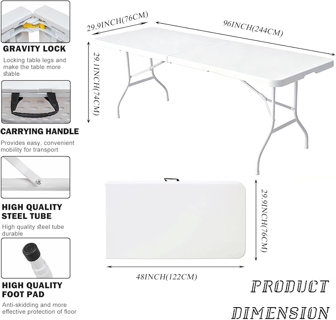 Portable Plastic Folding Table 4ft/6ft/8ft Heavy Duty White Black Picnic Dining Table Fold-in-Half for Camp Party Kitchen Indoor Outdoor