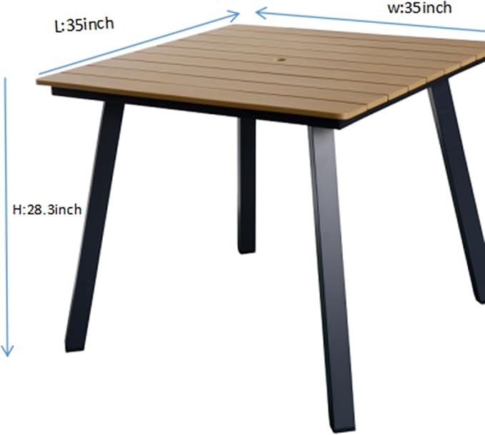 35" Square Patio Dining Table, with Umbrella Hole, Heavy Duty Iron Frame and WPC Top, All-Weather Outdoor Patio Table for Backyard, Garden and Outdoor Dining