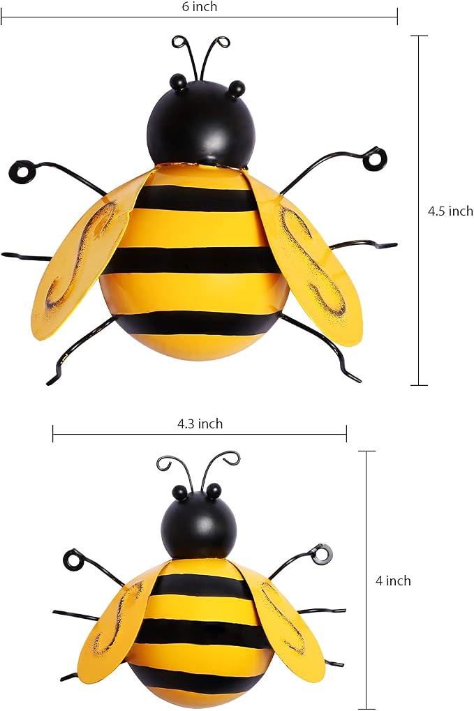 MorTime 4 Pack Metal Bee Wall Art Sculptures Garden Decorations, Hanging Bee Wall Decor Indoor Outdoor Garden Yard Lawn Decor