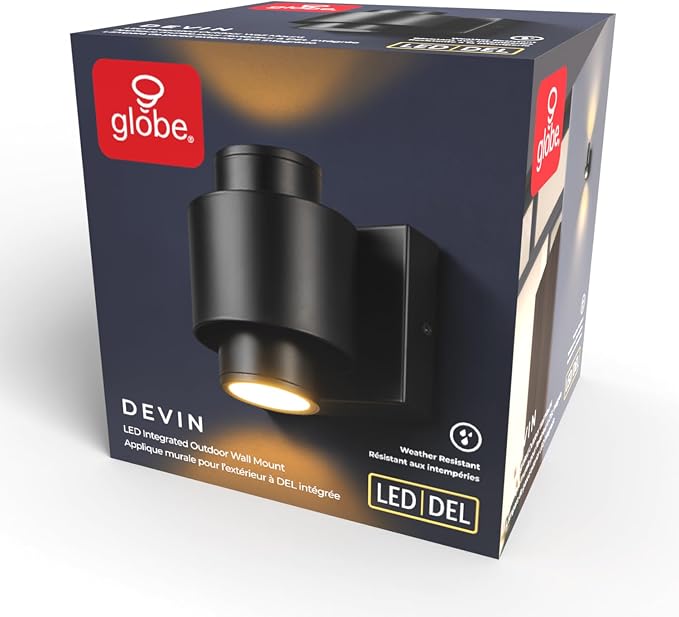 Globe Electric 60000126 LED Integrated 15-Watt Outdoor Wall Sconce, Matte Black, Up/Down Light Direction, 700 Lumens, 2700 Kelvin, 90 CRI, Dimmable