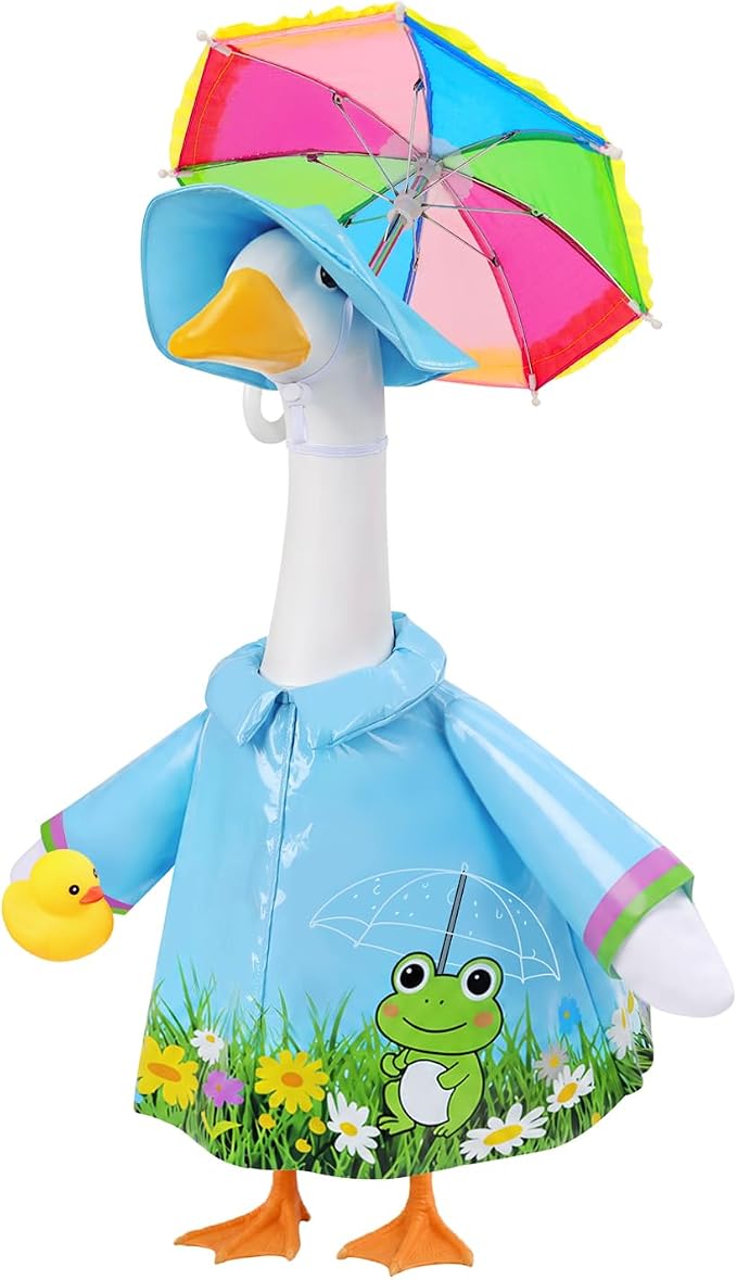 GJL Porch Goose Raincoat Outfit Fits 23 Inch Plastic Cement Goose Statue, Lawn Goose Clothes Set with Umbrella and Hat for Spring Summer Outdoor Yard Garden Decor (Blue-01)