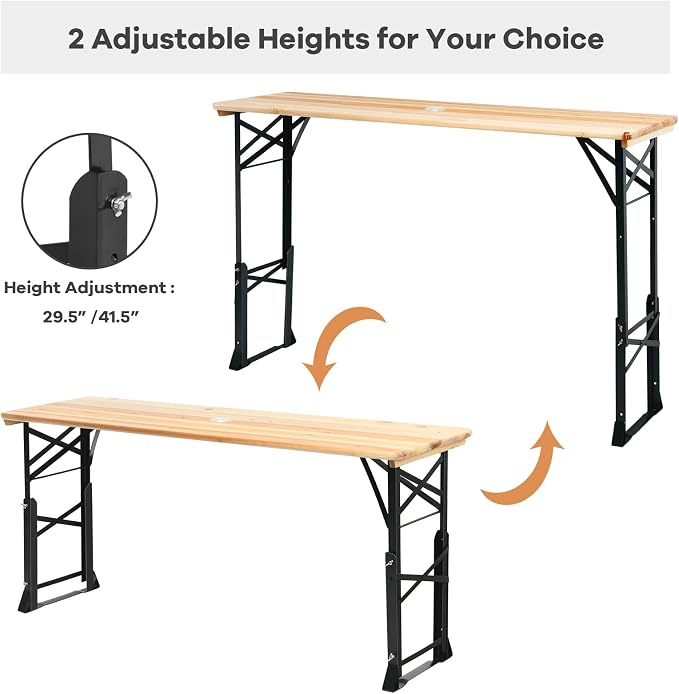 Goplus Folding Picnic Beer Table, Outdoor Camping Table with Umbrella Hole, Adjustable Heights and Wood Top, Portable Picnic Table for Patio Garden Party Backyard, No Assembly