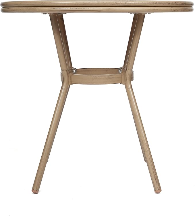 EMMA + OLIVER Colmar Indoor/Outdoor Bistro Table - Natural & White Woven PE Rattan Pattern - Tempered Glass Top - Light Bamboo Finish Metal Frame - 31.5 in.