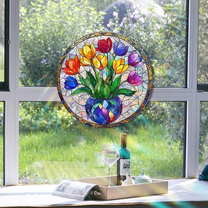 Acrylic Suncatcher Window Hanging, Tulip Flower Sun Catcher Rainbow Indoor Window Decoration for Living Room Bedroom Summer Home Balcony Ornaments, 7.87 inches