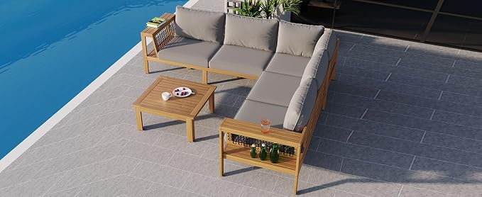 4 Piece Patio Furniture Sofa Set with Coffee Table and Woven Mesh Armrests, L-Shaped Outdoor Acacia Wood Sofa Conversation Set with Gray Cushions and Side Table, Gray Cushion