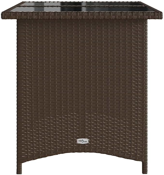 Brown PE Rattan Garden Table with Tempered Glass Top 43.3 x 26.8 in, Powder-Coated Steel Frame, UV Resistant Small Patio Table for Outdoor Dining and Balcony Use