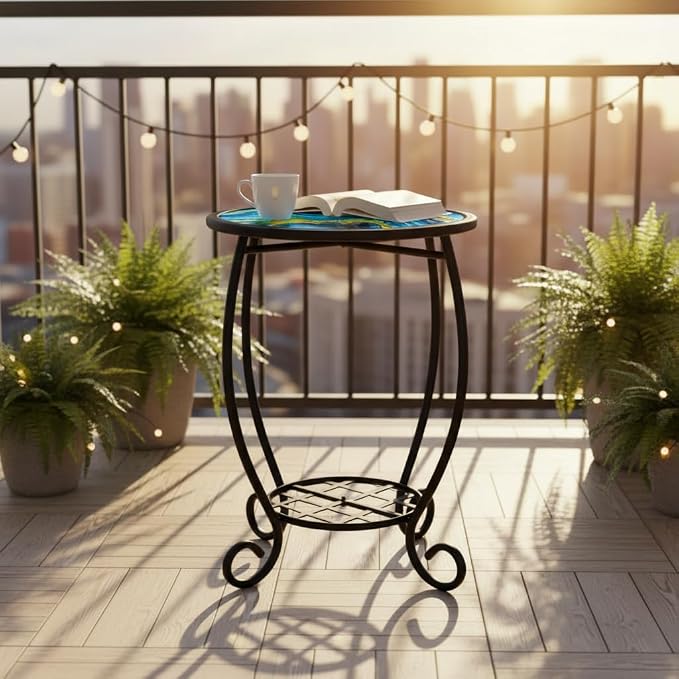 LIFFY Patio Side Tables,14" Indoor Outdoor Metal Side Table with Glass Tabletop,Round Decorative Plant Stand & Accent Table for Garden, Yard, Balcony, Backyard, Porch