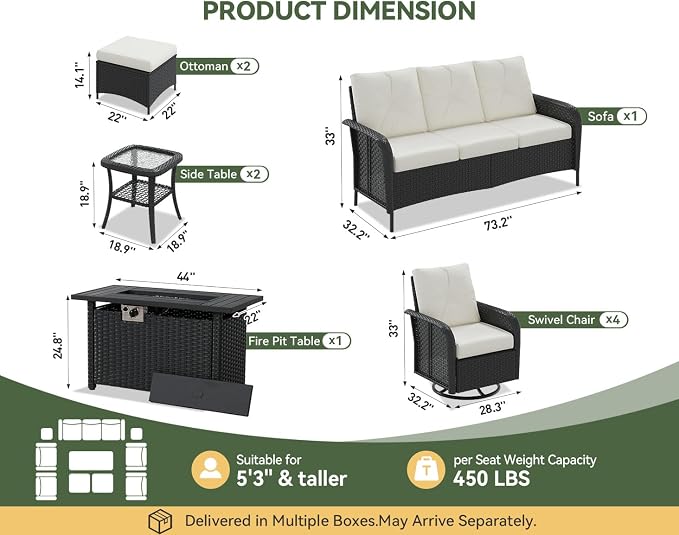 Aoxun 10-Piece Patio Furniture Set with 44” Fire Pit Table, Wicker Rattan Outdoor Sectional Sofa with High Back Swivel Rocker Chairs, Outdoor Patio Furniture Set with Thick Cushions & Ottoman, Beige