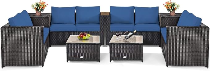 Tangkula 8 Piece Wicker Patio Set with Storage, All Weather-Proof Outdoor Conversation Set, with Loveseat, Coffee Table & Storage Box, Suitable for Garden, Poolside, Sunroom (2, Navy Blue)