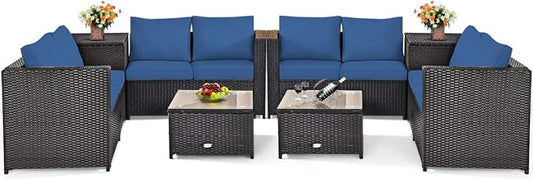 Tangkula 8 Piece Wicker Patio Set with Storage, All Weather-Proof Outdoor Conversation Set, with Loveseat, Coffee Table & Storage Box, Suitable for Garden, Poolside, Sunroom (2, Navy Blue)