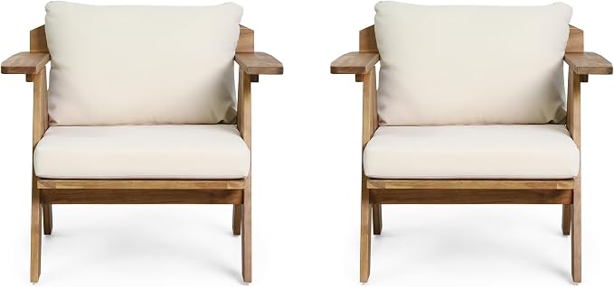 Merax 2 Pcs Outdoor Acacia Wood Club Chairs Patio Conversation Set with Cushions,Teak Finish