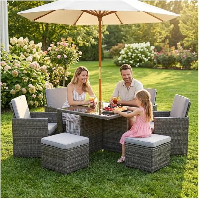 Gasee 9 Pieces Outdoor Dining Sets Patio Rattan Conversation Set Space Saving Wicker Chairs with Glass Table,Gray