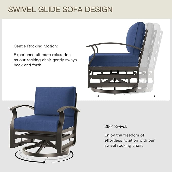 Aluminum Patio Furniture Set with Coffee Table,8 Seats Metal Modern Outdoor Furniture w/5.1" Thick Cushions,Patio Sectional w/Swivel Chairs for Patio,Backyard,Navy