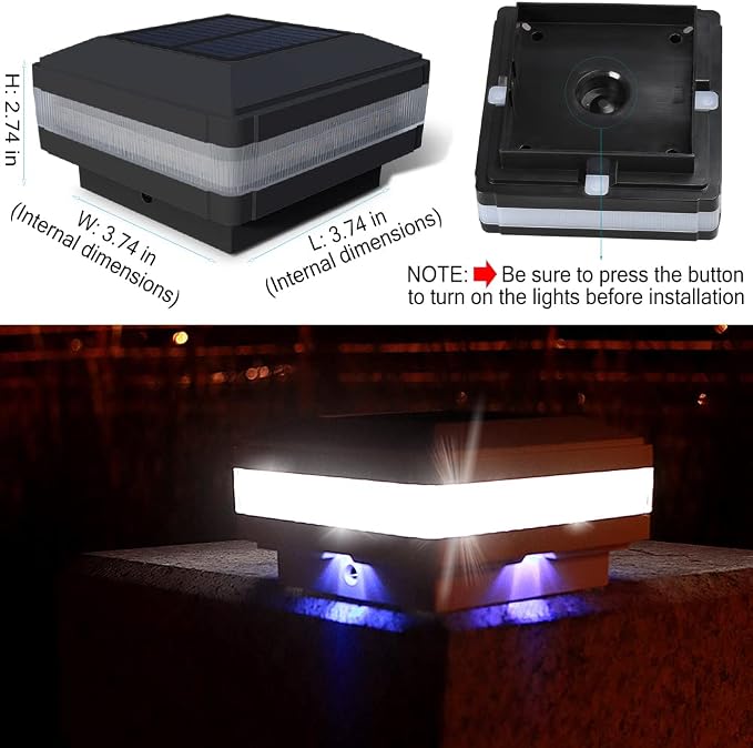Solar Post Cap Lights Outdoor, 52 LEDs 160LM 6000K Cool White, 1 Pack Black | IP65 Waterproof Fence Post Lights, Compatible with 4x4 5x5 Wooden Posts, Fit for Patio Garden Yard Porch