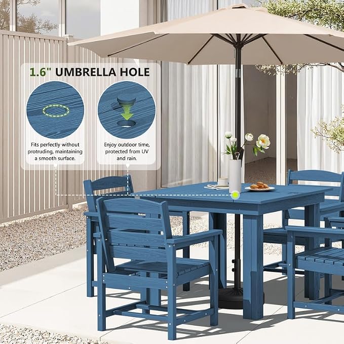 KINGYES HDPE Outdoor Dining Set for 4 with Umbrella, 6-Piece Square Patio Table & Armchairs, All-Weather for Backyard, Garden, Lawn & Poolside, Blue
