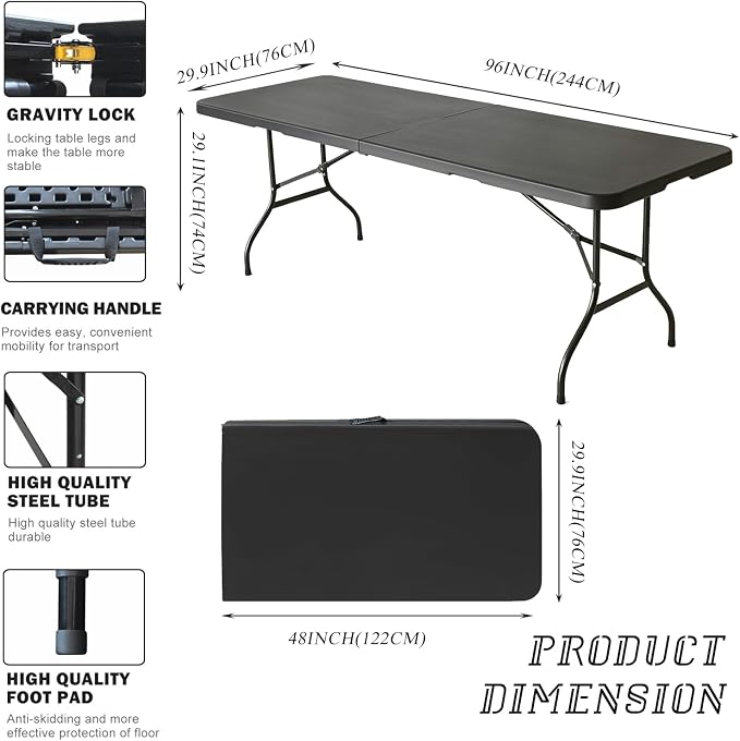 Portable Plastic Folding Table 4ft/6ft/8ft Heavy Duty White Black Picnic Dining Table Fold-in-Half for Camp Party Kitchen Indoor Outdoor