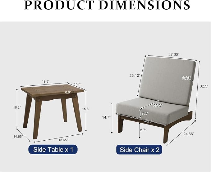 Pia Ricoo 3 Piece Patio Bistro Set with Patio Chairs and Table, Heavy Duty Wood Patio Furniture Set, All-Weather Outdoor Chairs for Balcony, Deck, Poolside, Porch - Light Camel