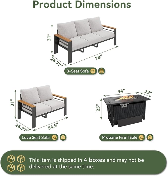Aoxun Patio Furniture Set, Aluminum Patio Set with Fire Pit Table and 5" Thicken & Washable Cushion, Waterproof Outdoor Furniture, Outdoor Couch Sectional for Backyard (LS-7 Seats/F, Grey)