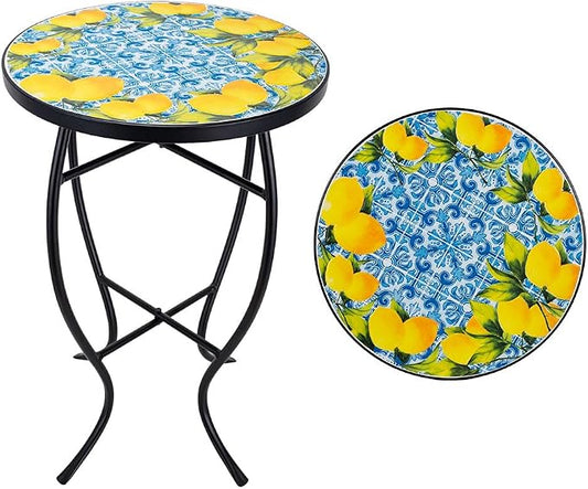 14 Inch Mosaic Patio Side Table with X-Curved Legs, Indoor Outdoor Accent Round End Table with Ceramic Tile Tops for Yard, Garden, Living Room, Bistro, C - Lemon & Blue Tile