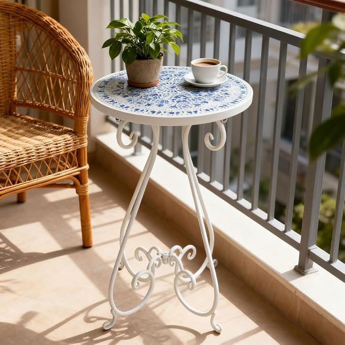 Vintage Outdoor Side Table Round Mosaic Ceramic Tile Top 14" Diameter Metal Plant Stand for Flower Pots Vase Garden Home Porch Pool Indoor Decor Weather Resistant Outside Patio Accent End Furniture