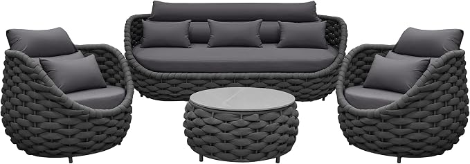 TWT Outdoor Patio Furniture Set-6 Pieces Aluminum Sectional Sofa, Metal Patio Conversation Set with Threeseat & Armchair, Textile Rope and Coffee Table, Dark Grey