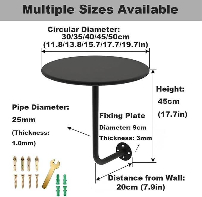 Wall Mounted Round Table, 12-20in Bar Table with L-Type Bracket, Floating Side Table for Indoor/Outdoor Use, 25kg Load Capacity