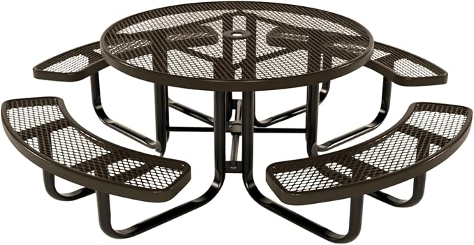 COATEDOUTDOORFURNITURE Heavy-Duty Portable Outdoor Kids Table with Umbrella Hole, Expanded Metal Kids Picnic Table, Commercial-Grade, Made in America (46 in, Round, Childrens, Textured Brown)