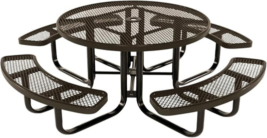 COATEDOUTDOORFURNITURE Heavy-Duty Portable Outdoor Kids Table with Umbrella Hole, Expanded Metal Kids Picnic Table, Commercial-Grade, Made in America (46 in, Round, Childrens, Textured Brown)