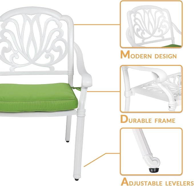 7-Piece Outdoor Patio Dining Set, 60” Rectangular Cast Aluminum Dining Table with Umbrella Hole and 6 Outdoor Dining Cushioned Chairs, Patio Funiture Set for Backyard, Patio, Garden, White