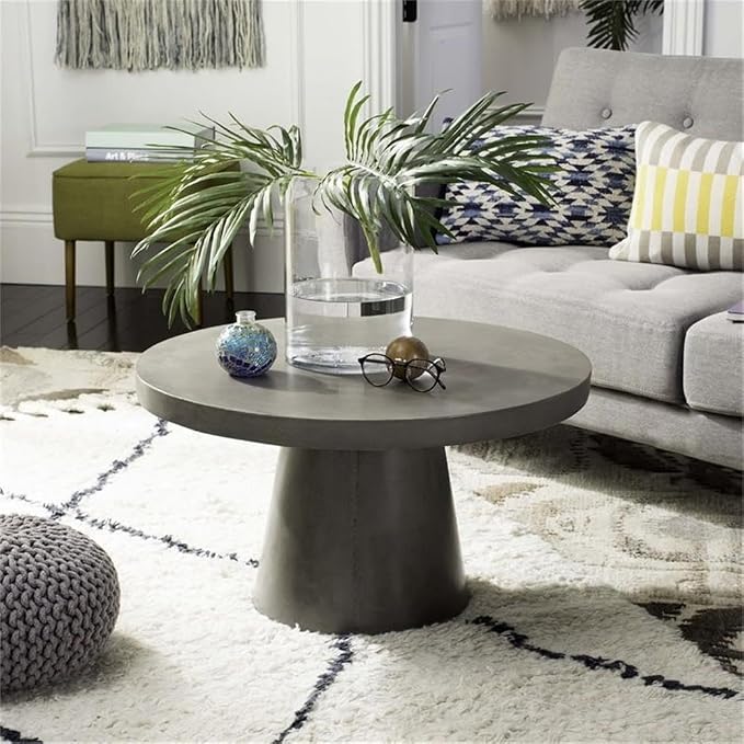 Pemberly Row Round Concrete Coffee Table, 15.75" H x 27.56" W, Dark Gray Finish, Weather-Resistant Indoor/Outdoor Design, Modern Patio or Living Room Table, Durable Concrete and Acrylic Construction