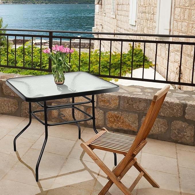32in Outdoor Table Patio Dining Table Outdoor Dining Table with Umbrella Hole Square Tempered Glass for Yard Bistro Lawn Balcony (Black, Square 31x31x28in)
