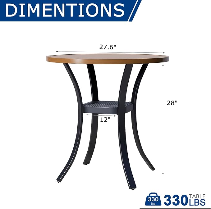 27.6" Round Patio Table, Metal Outdoor Dining Table for Garden, Backyard and Deck, Small Round Patio Dining Table for Outside, Walnut