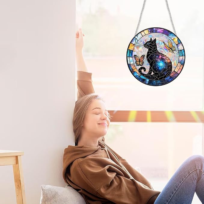Acrylic Suncatcher Window Hanging, Cat & Butterfly Sun Catcher Rainbow Indoor Window Decoration for Living Room Bedroom Summer Home Balcony Ornaments, 7.87 inches