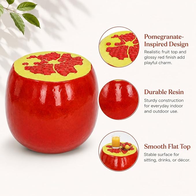 12.20" Pomegranate Outdoor Garden Stool, Funky Fruit Side Table Indoor, Vibrant Table Home Decor Plant Stand Garden Indoor Outdoor Decorations