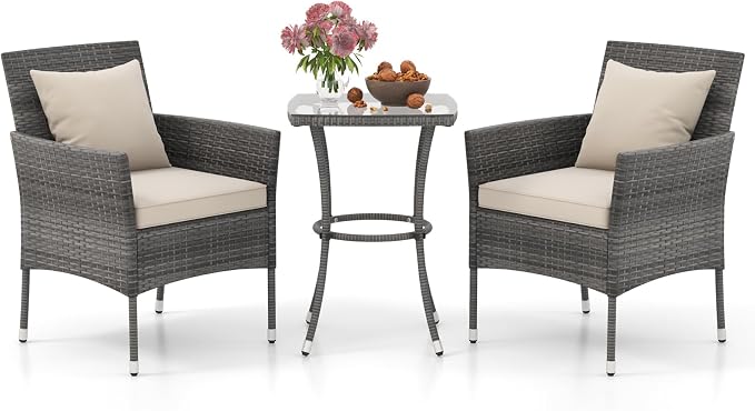 DORTALA Wicker Patio Furniture Set 3 Piece, Small Outdoor Table & Chairs with Tempered Glass Tabletop, Cushions, Rattan Conversation Bistro Set for Balcony, Porch, Backyard, Deck, Mix Gray+Off White