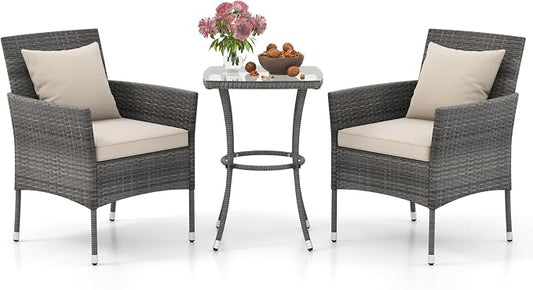 DORTALA Wicker Patio Furniture Set 3 Piece, Small Outdoor Table & Chairs with Tempered Glass Tabletop, Cushions, Rattan Conversation Bistro Set for Balcony, Porch, Backyard, Deck, Mix Gray+Off White
