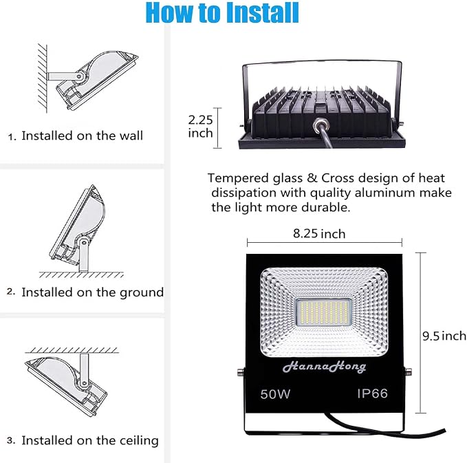 50W 120V LED Flood Light Plug in,Super Bright Security/Work/Plant Grow Light,IP66 Waterproof Outdoor,Daylight White Reflector Spotlight,Porch,Garage,Patio,Yard,Garden 2 Pack