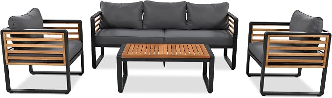 Merax 4-Piece Large Size Outdoor Conversation Sofa Set, Metal and Acacia Wood Frame Sofa with Removable Cushions, Waterproof & UV-Resistant, 5-Person Patio Furniture for Garden Backyard, Gray