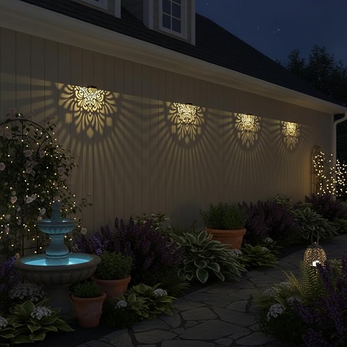 4 Pack Solar Fence Lights Outdoor Wall Lights Plastic Solar Powered Deck Step Stair Lights Mandala Theme Waterproof Fence Solar Light for Garden Post Patio Yard Decor, Gardening Gifts for Women Mom