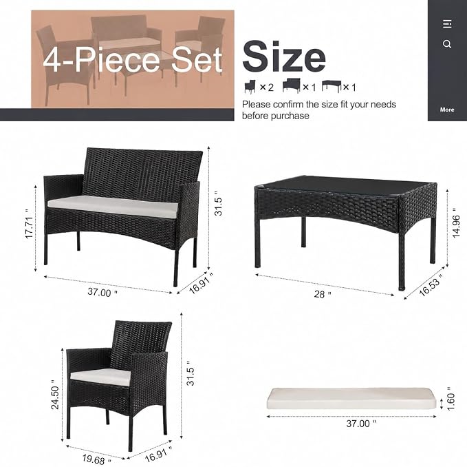 Shintenchi 4 Piece Patio Furniture Sets, Outdoor Small Patio Table and Chairs Set, Rattan Patio Conversation Set, Balcony Porch Furniture with Tempered Glass Coffee Table for Outside, Black
