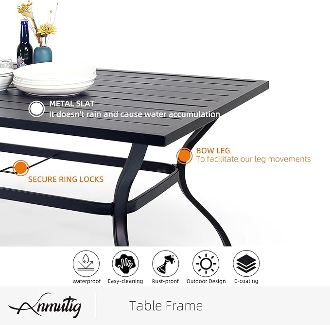 Anmutig Dark Grey Outdoor Patio Dining Set of 7 with 60"x38" Rectangle Table and 6 Stacking Chairs for 6 Person