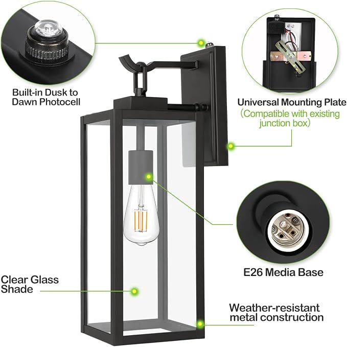 hykolity Large Dusk to Dawn Outdoor Lighting, 18 Inch Outdoor Wall Lights | Waterproof Outdoor Wall Lanterns, Black Exterior Wall Sconce Fixture, Outdoor Lights for House Patio Porch Garage, 2 Pack