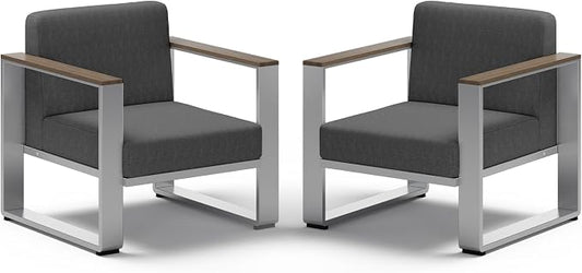 2 Pieces Outdoor Aluminum Armchair, Modern Patio Patio Furniture with Wide Seat and Thick Cushions, All-Weather Oversized Couch for Deck, Porch