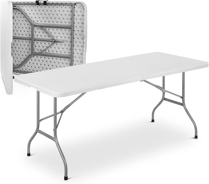 Athena Collection 6ft Folding Table, Lightweight Portable Desk with Handle, Square Foldable Plastic Table for Card Games, Collapsible Dining, Indoor Outdoor Camping Picnic & Party Use, White